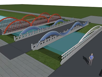 Multiple Arched Landscape Bridges With Red Blue White Design Over Green Lawn And Water Area 3d model