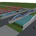 Multiple Arched Landscape Bridges With Red Blue White Design Over Green Lawn And Water Area