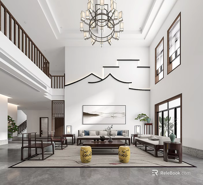 Traditional Chinese Duplex Living Room Interior Design With Chandelier Wooden Railings And Landscape Painting 3d model 