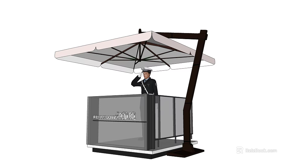 Security guard saluting at outdoor glass security booth with white canopy 3d model