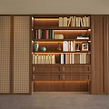 Modern Wooden Bookshelf With LED Lighting And Decorative Items Including Books Vases And Frames