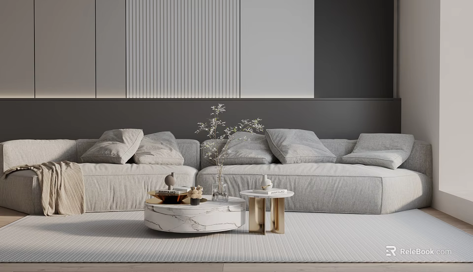 Light Grey Linen Three Seater Sofa with Marble Coffee Table Vase and Striped Wall Background 3d model 