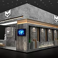 Modern Exhibition Booth With Gray Wooden Decor Large Display Screens And Reception Desk
