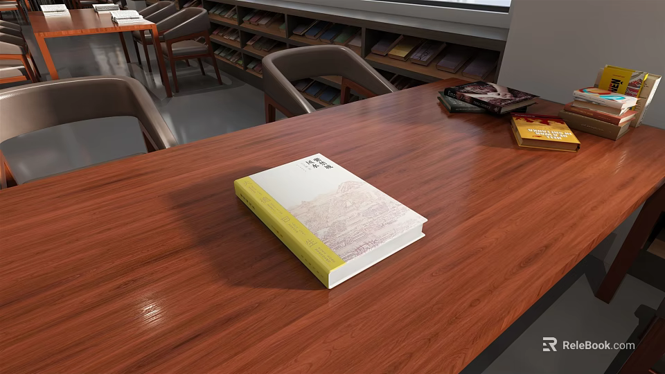 Wooden Furniture In Library With Table Chairs And Bookshelves 3d model 