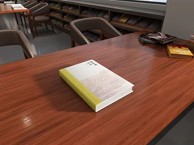 Wooden Furniture In Library With Table Chairs And Bookshelves 3d model