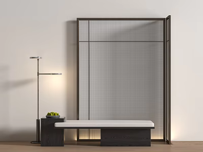 Modern Minimalist Bench With White Cushion Black Frame Room Divider Floor Lamp And Side Table 3d model