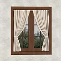 Wooden Frame Window With Tied Beige Curtains And Green Tree View
