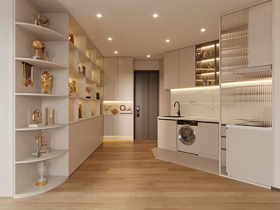 Light Warm Modern Living Dining Space With Custom Display Cabinets And Built In Kitchen Appliances 3d model