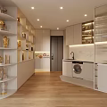 Light Warm Modern Living Dining Space With Custom Display Cabinets And Built In Kitchen Appliances