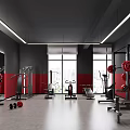 Modern Fitness Gym Interior With Red Black Walls Large Windows And Workout Equipment
