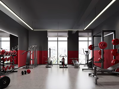 Modern Fitness Gym Interior With Red Black Walls Large Windows And Workout Equipment 3d model