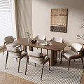 Modern Dining Table Set With Wooden Tabletop Light Gray Chairs Wall Art And Potted Plant