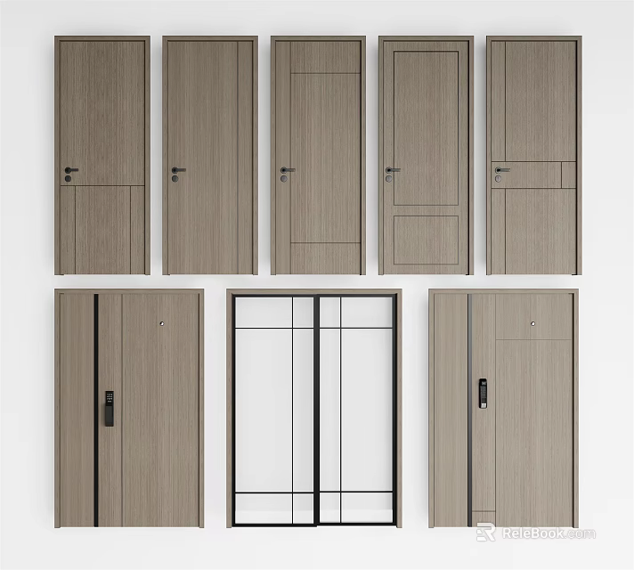 Various Wooden Hinged Doors With Different Panel Designs And Glass Options 3d model