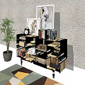 Modern Entryway Cabinet And Sideboard With Framed Artwork Potted Plant And Geometric Rug