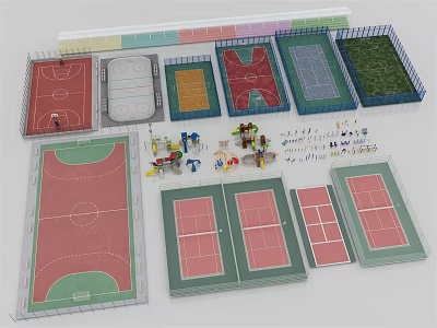Basketball Court Complex with Multiple Colored Courts Fences and Miniature Figures 3d model