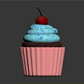 Blue Frosting Cupcake With Pink Liner And Red Cherry On Reflective Surface