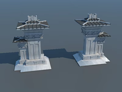 Chinese Style Stone Garden Ornaments with Traditional Roofs and Pillar Structures 3d model
