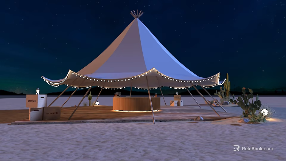 Outdoor Night Stage With Tent Shaped Canopy String Lights Sandy Ground And Cacti 3d model 