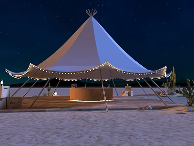 Outdoor Night Stage With Tent Shaped Canopy String Lights Sandy Ground And Cacti 3d model