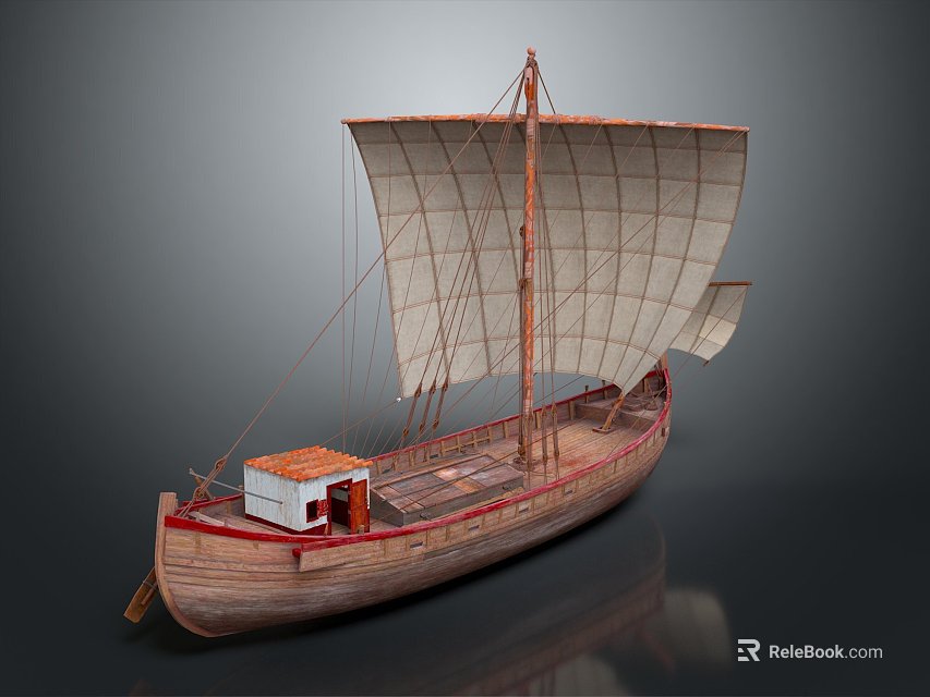 Traditional Wooden Boat With White Sails Brown Hull And Small Wooden Cabin 3d model 