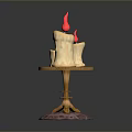 Burning Candles With Flames On Wooden Table And Purple Stone Base