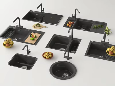 Modern Black Kitchen Sinks With Faucets Fruit Vegetables And Drainer Accessories 3d model