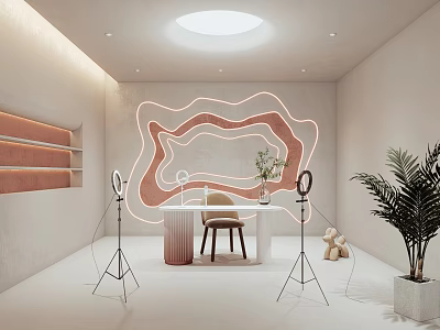 Public Office Space With Neon Light Decor White Desk Ring Lights Green Plants And Skylight 3d model