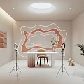 Public Office Space With Neon Light Decor White Desk Ring Lights Green Plants And Skylight