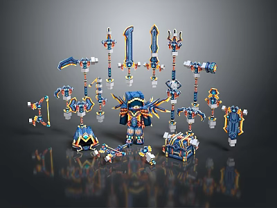 Lego Bricks Built Various Weapons Set With Blue Orange White And Central Character 3d model