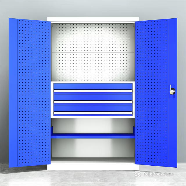 Public Facility Blue Storage Locker With Perforated Doors Metal Drawers And Shelves 3d model 