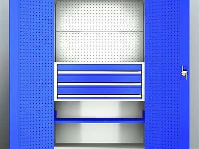 Public Facility Blue Storage Locker With Perforated Doors Metal Drawers And Shelves 3d model