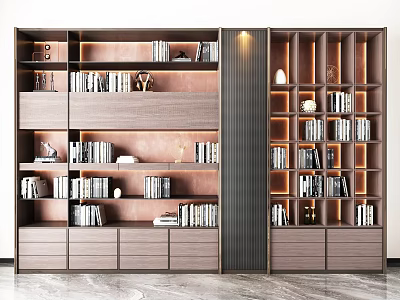 Modern Bookshelf Design With Multiple Shelves Storage Drawers Warm Lighting And Decorative Items 3d model