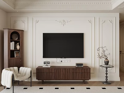 Modern Wooden TV Stand Interior With Mounted TV And Wall Art Decor 3d model