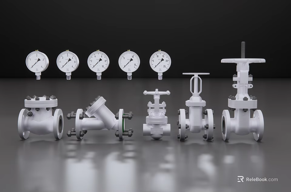 Industrial Valves And Pressure Gauges Display On Reflective Metallic Surface 3d model 