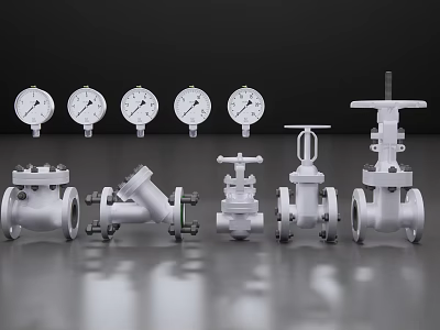 Industrial Valves And Pressure Gauges Display On Reflective Metallic Surface 3d model