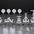 Industrial Valves And Pressure Gauges Display On Reflective Metallic Surface