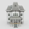European Style Architecture Featuring White Exterior Gray Gabled Roof Multiple Windows And Front Porch Stairs