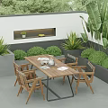 Wooden Outdoor Table With Chairs And Lush Green Plants In Modern Patio