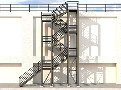 Outdoor Modern Metal Staircase With Structural Handrails On Exterior White Wall 3d model