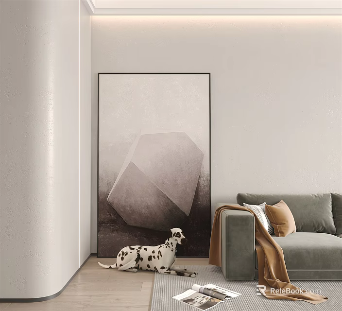Abstract Geometric Painting in Minimalist Living Room with Gray Sofa and Dalmatian Dog 3d model 