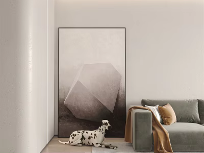 Abstract Geometric Painting in Minimalist Living Room with Gray Sofa and Dalmatian Dog 3d model