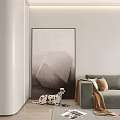Abstract Geometric Painting in Minimalist Living Room with Gray Sofa and Dalmatian Dog