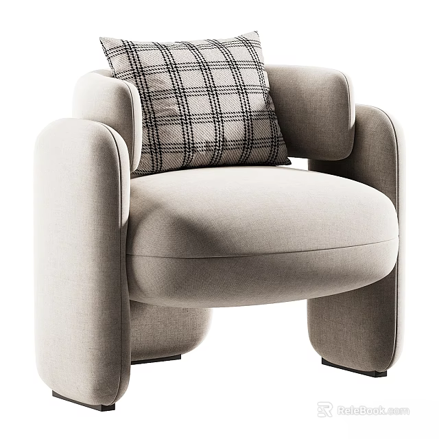Modern Beige Lounge Chair With Plaid Cushion And Rounded Armrests Design 3d model 