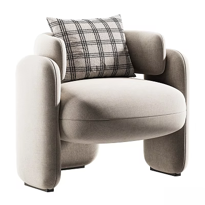 Modern Beige Lounge Chair With Plaid Cushion And Rounded Armrests Design 3d model