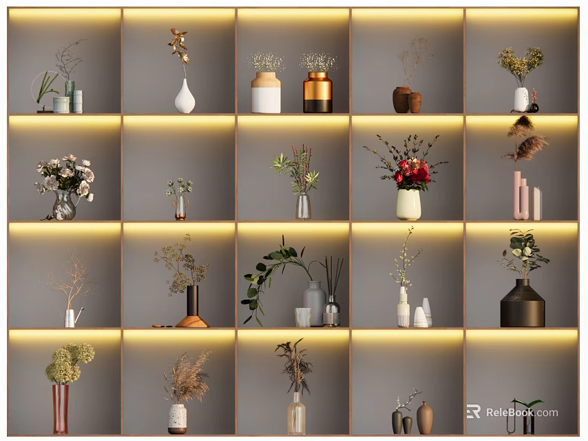 Various Decorative Vases With Different Flowers On Multiple Lighted Display Shelves 3d model 