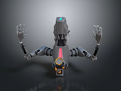 Mechanical Robot Character With Black Body Blue Head Red Yellow Core And Mechanical Arms 3d model
