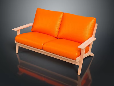 Modern Orange Two Seater Sofa With Wooden Frame And Armrests 3d model