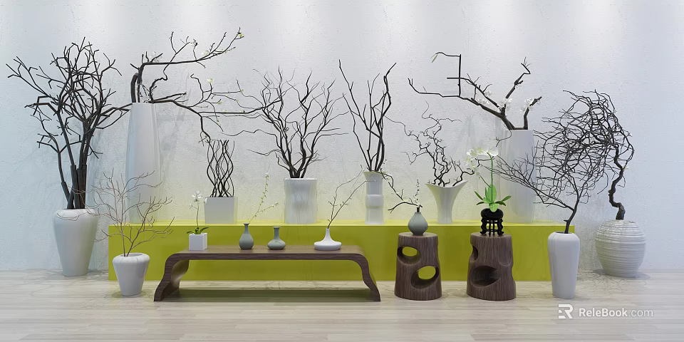 Various Ceramic Vases With Dried Branches And Orchid Flowers In Minimalist Interior 3d model 