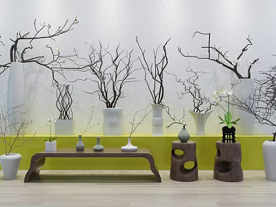Various Ceramic Vases With Dried Branches And Orchid Flowers In Minimalist Interior 3d model