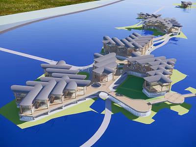 Unique Overwater Hotel Building With Connected Structures Green Landscaping And Distinctive Roofs 3d model